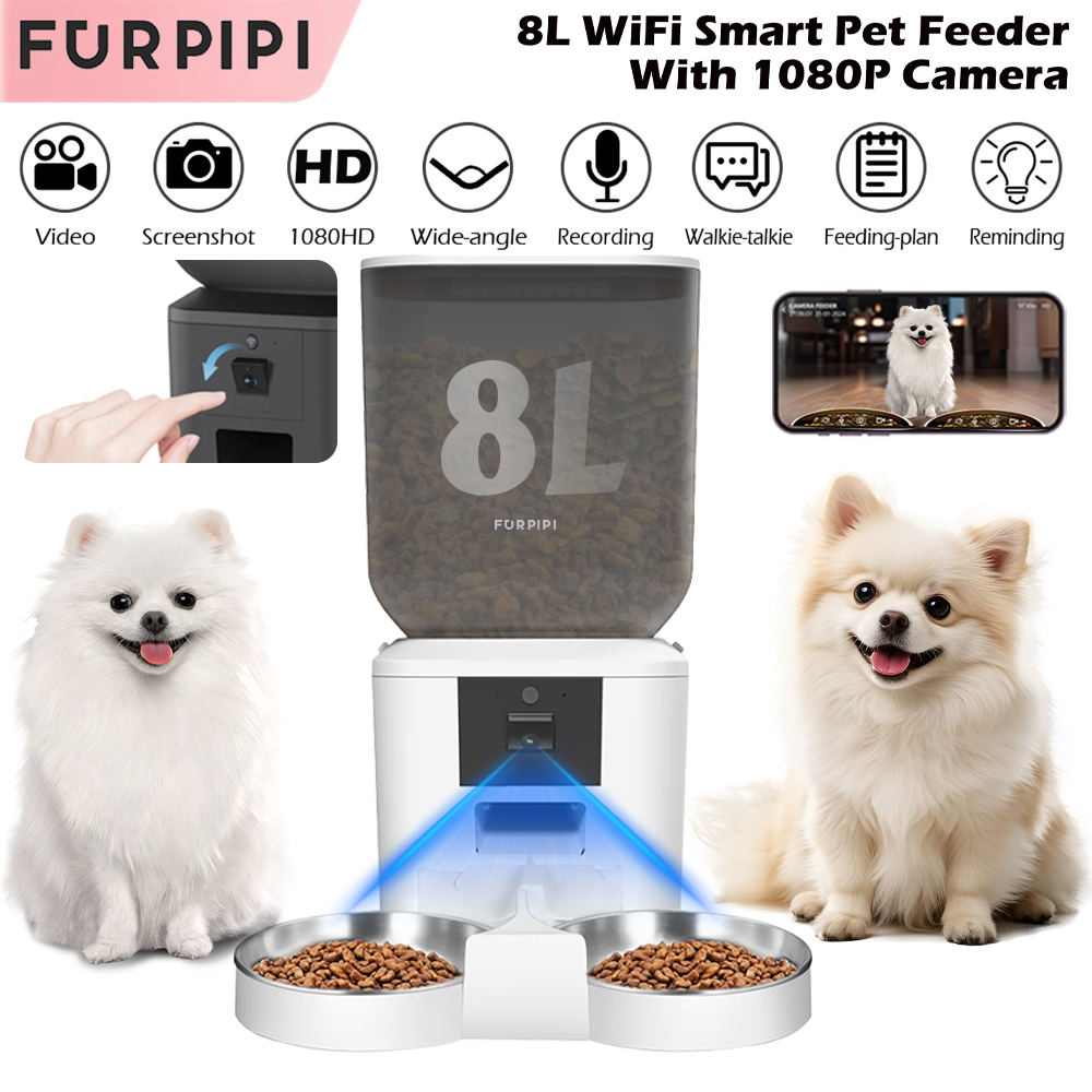 Kitchen Appliances Video - เครื่องให้อาหารแมวอัตโนมัติ 8 ลิตร พร้อมกล้องวิดีโอ 1080P WiFi